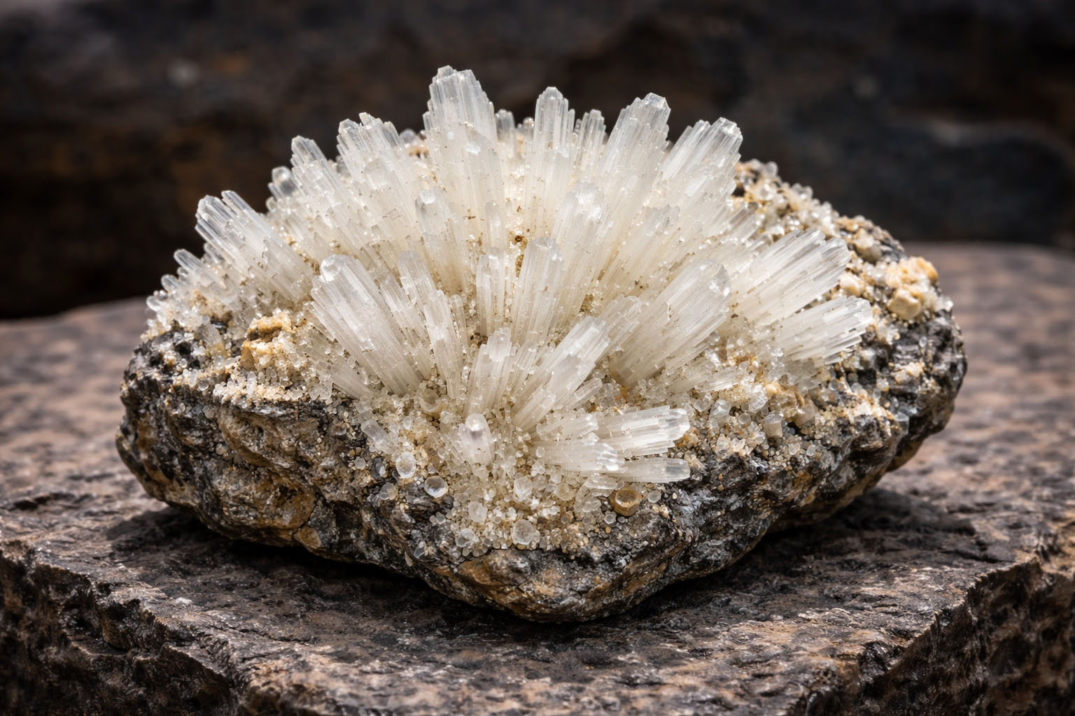 Natrolite crystals on dark matrix rock